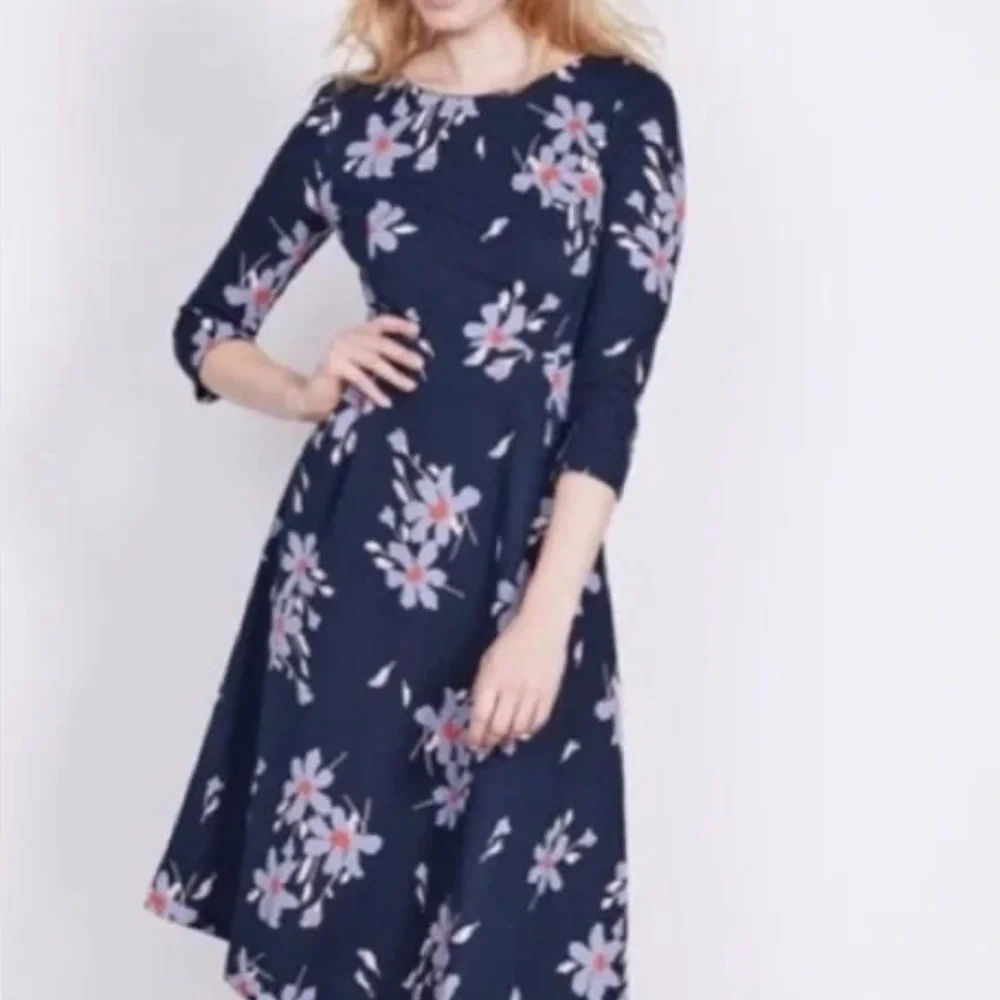 Boden Irene Navy Blue Floral Long Sleeve Ponte Knit Stretch Dress Preppy Classic